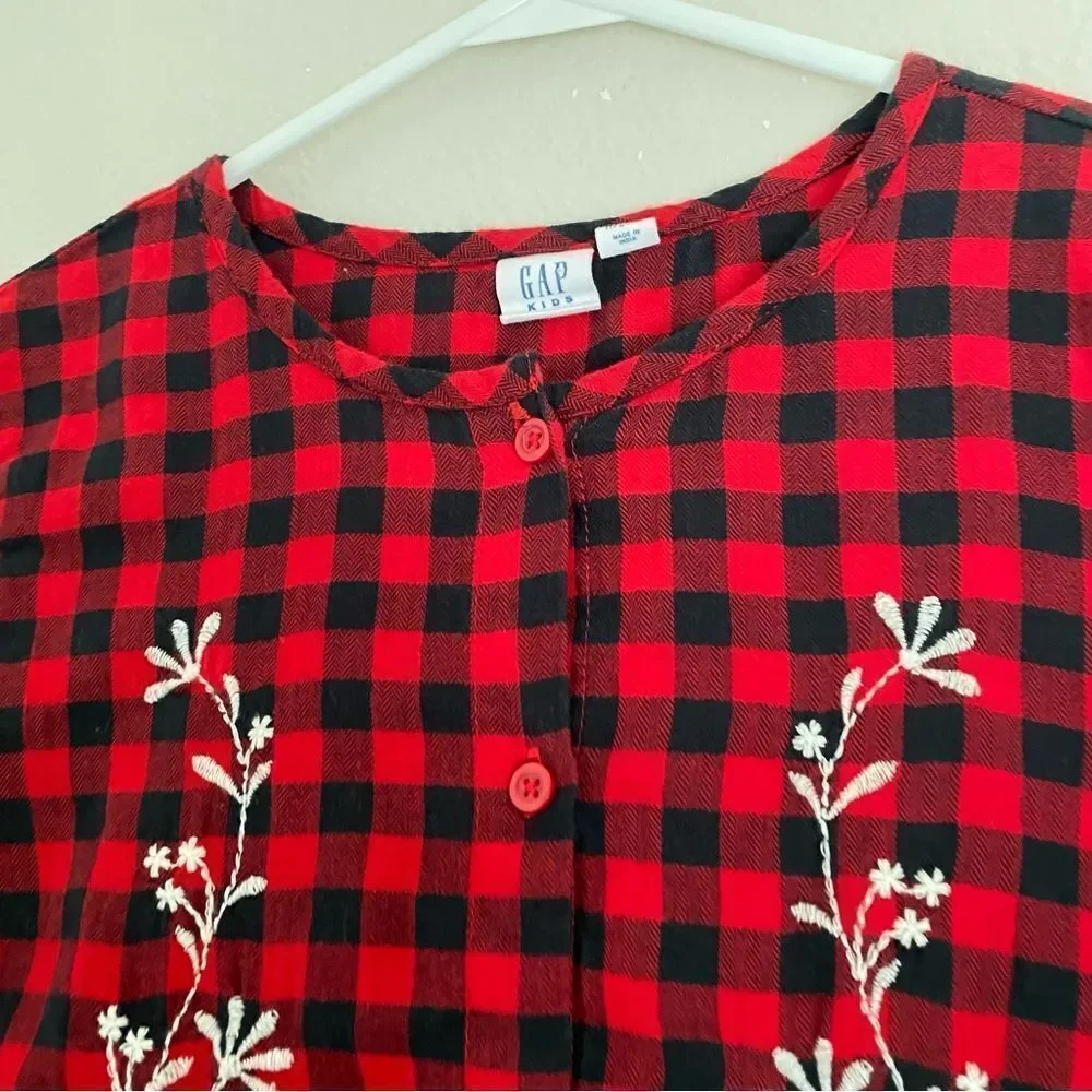 Gap Embroidered red Christmas Plaid button up ruffle shirt Dress girls XL